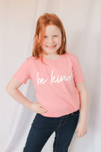 Load image into Gallery viewer, Sophie is wearing a size Medium in the Youth Be Kind T-shirt.