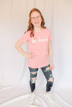 Load image into Gallery viewer, Mady is wearing a size large in the Youth Be Kind T-shirt.
